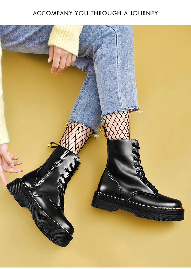 new Flat Platform Boots Women Shoes Autumn Winter Fur Fashion Round Toe Lace-up Leather Boots Ladies Shoes Woman boots y671