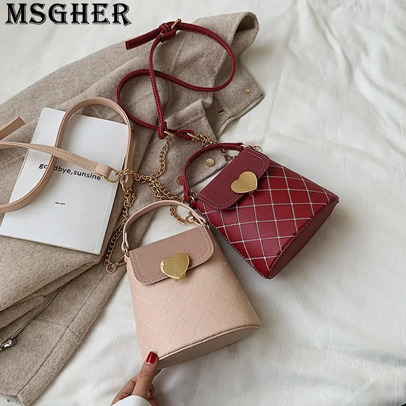 

MSGHER Diamond-shaped Panelled Small Women Summer Bucket Bag Cute Concise Style Shoulder Bag Heart-shaped Hasp Lady Bag WB2886