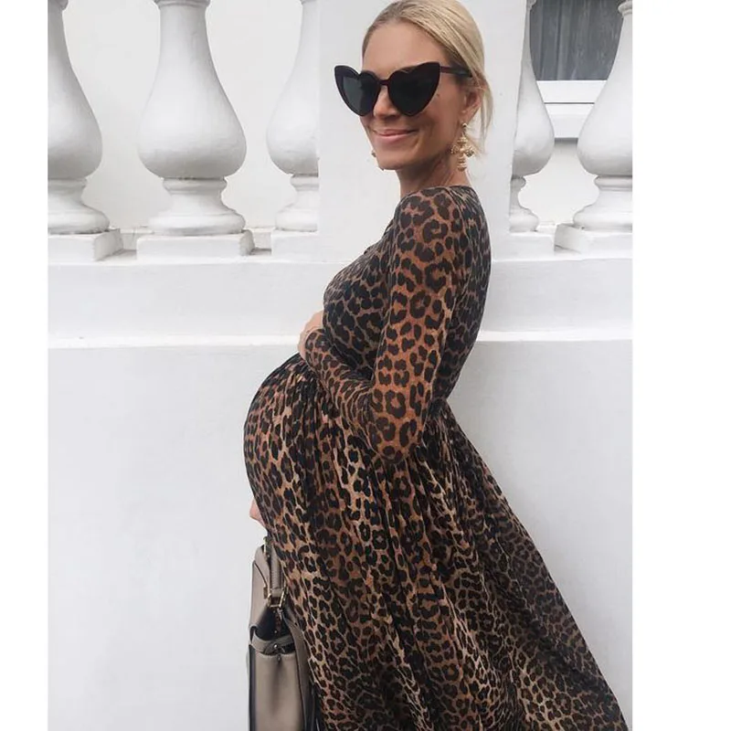 Хлопковая одежда для беременных леопардовое платье повседневное осеннее платье для беременных с длинными рукавами макси платье для беременных фотография