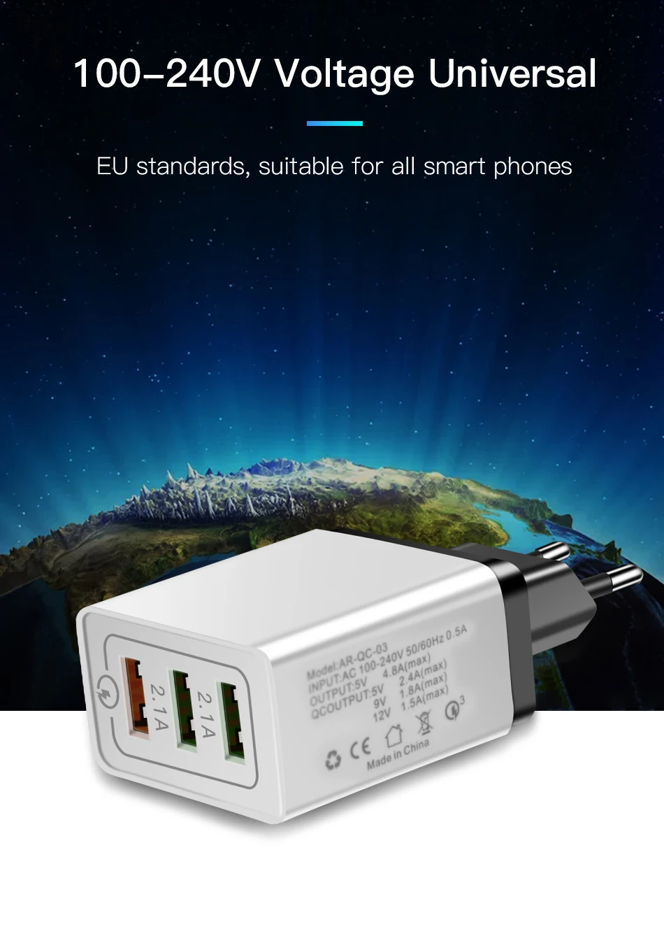 !ACCEZZ Universal 18W Quick Charge 3.0 Charger Adapter For iphone Samsung s7 s10 plus Travel Wall Charging 3usb EU Plug Charger (9)