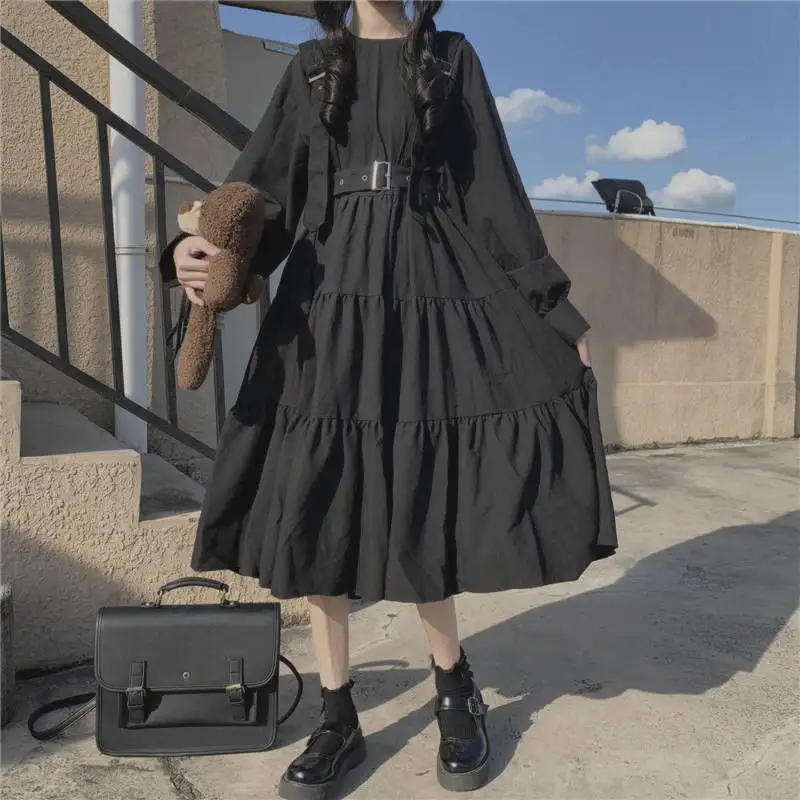 Long Sleeve Dress Women Korean Style Ruffle Leisure All-match Simple Solid O-neck Elegant Retro College Mid-calf Autumn Preppy long dress