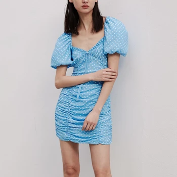 

2020 New Dot Folds Mini Summer Bodycon Dress Women Korean Sexy & Club Square Collar Puff Sleeve Empire Bow Blue Party Dress