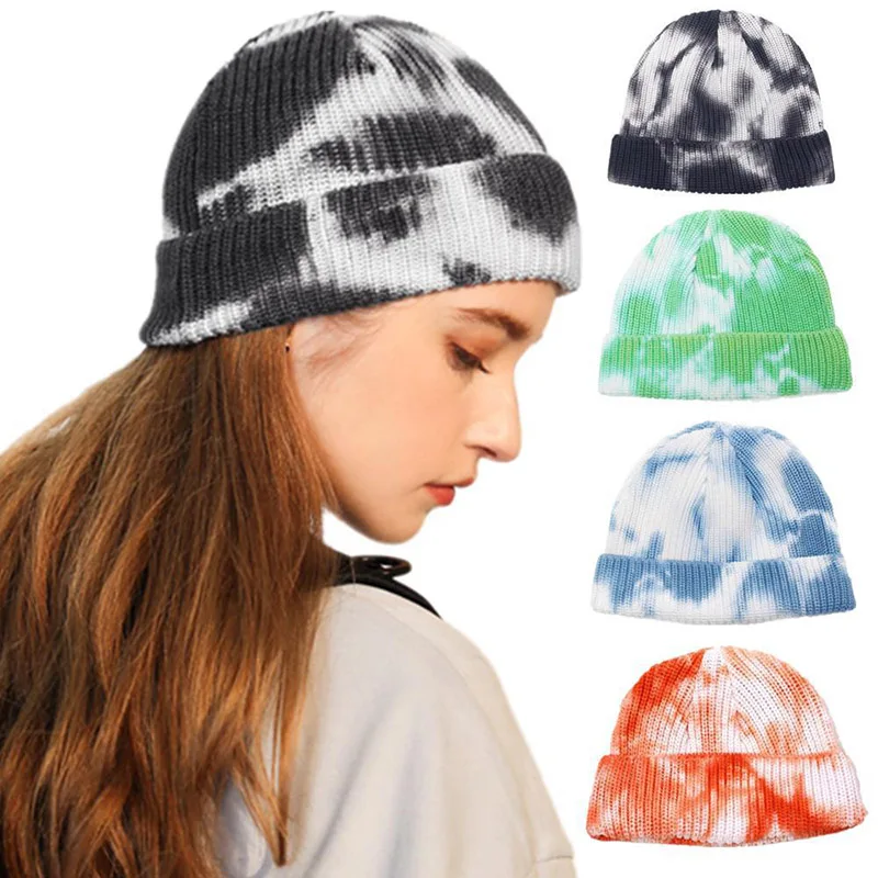 

Warm Winter Tie-dye Gradient Cotton Beanie Hat Women Autumn Soft Knitted Hip Hop Melon Cap Men Cuffed Plain Skull Cap Bonnet