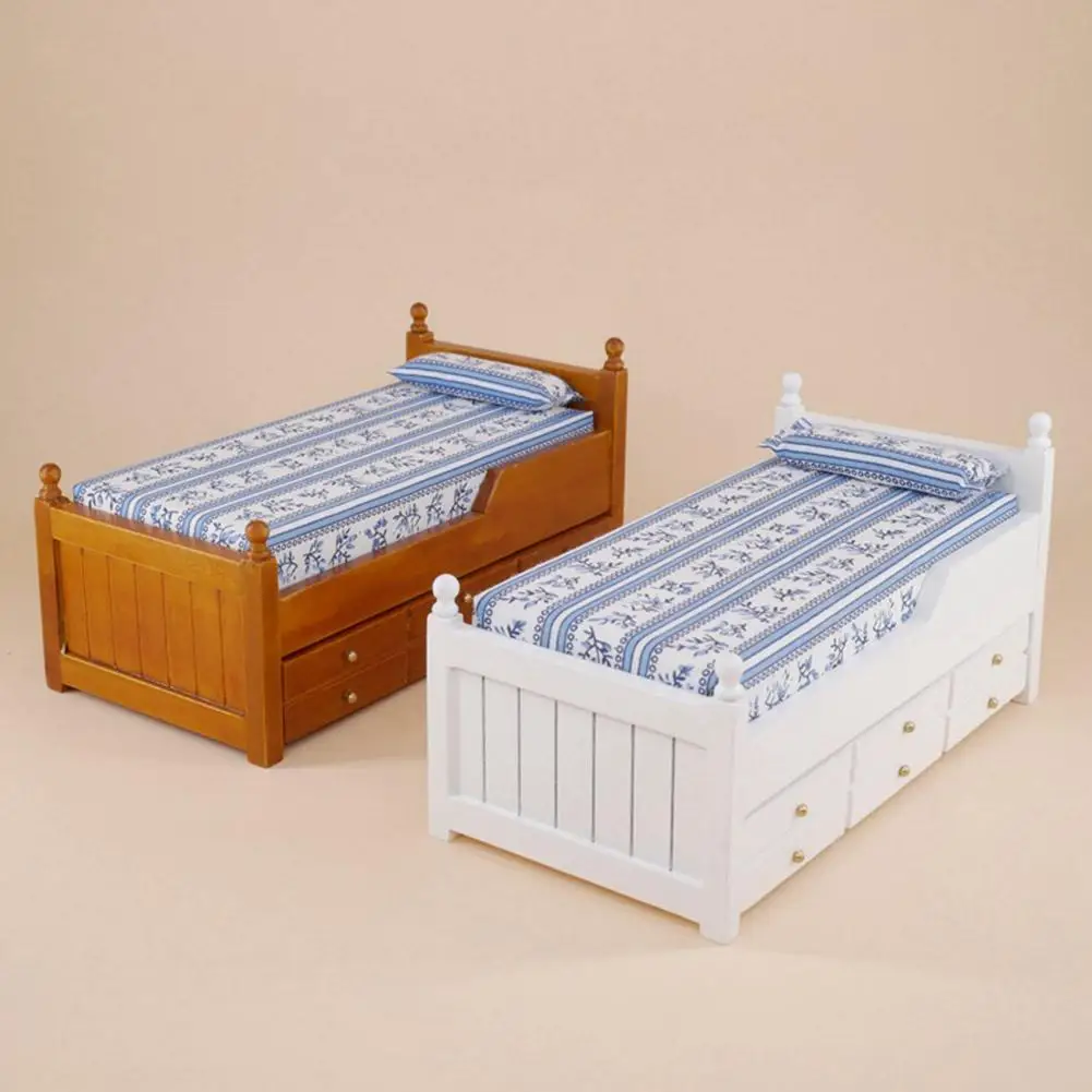 Kuulee Wooden Mini Bunk Bed with Drawer for 1:12 Doll House Decor Random Color