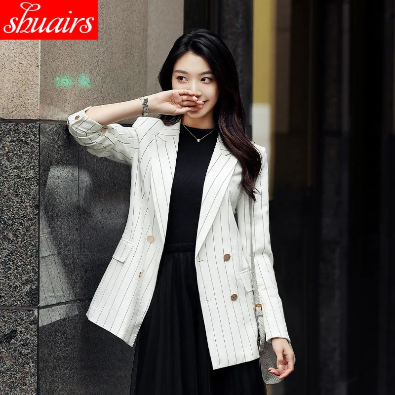 

Stripes Suit Jacket Women's Autumn And Winter Long Sleeve Korean-style Fashion Loose Elegant OL Work Clothes Mid-length Leisure