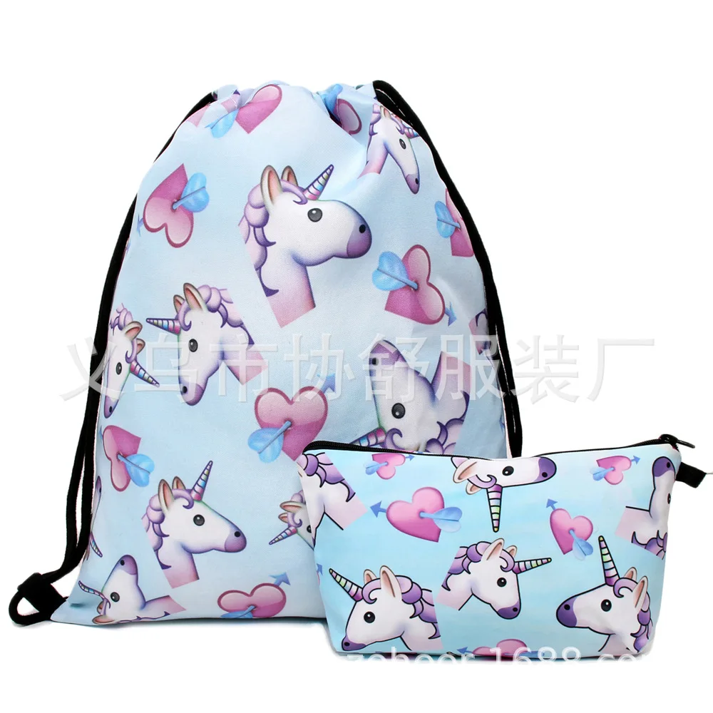 

2019 Amazon New Style High-definition 3D Digital Printing Drawstring Bag Set Unicorn Drawstring Bag Package Knapsack Belt