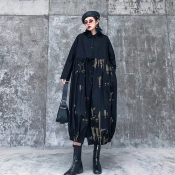 

Women's 2020 Spring New Style Fashion Print Long Sleeve Pleated Dress Loose Casual Turn Down Collar A-line Midi Dress Plus Size