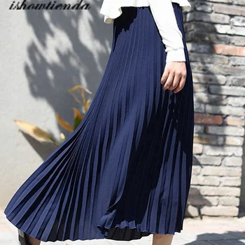 

2020 autumn fashion new PU leather pleated skirt elastic high waist all-match female's bottoms