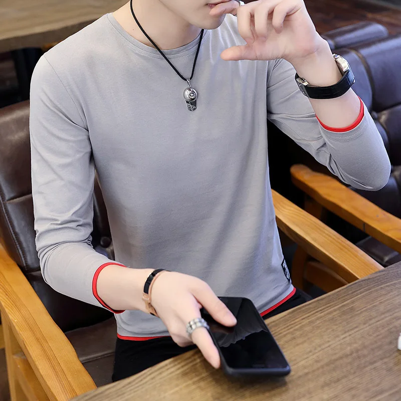 

MEN'S T-shirt Long Sleeve Spring And Autumn Casual Crew Neck Base on Clothes Pure Cotton Solid Color Men'S Wear New Style Trend