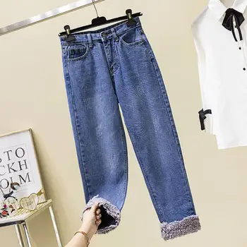 

Korean plus velvet thick loose lamb wool stitching jeans women 2019 autumn and winter high waist straight denim pants r1884
