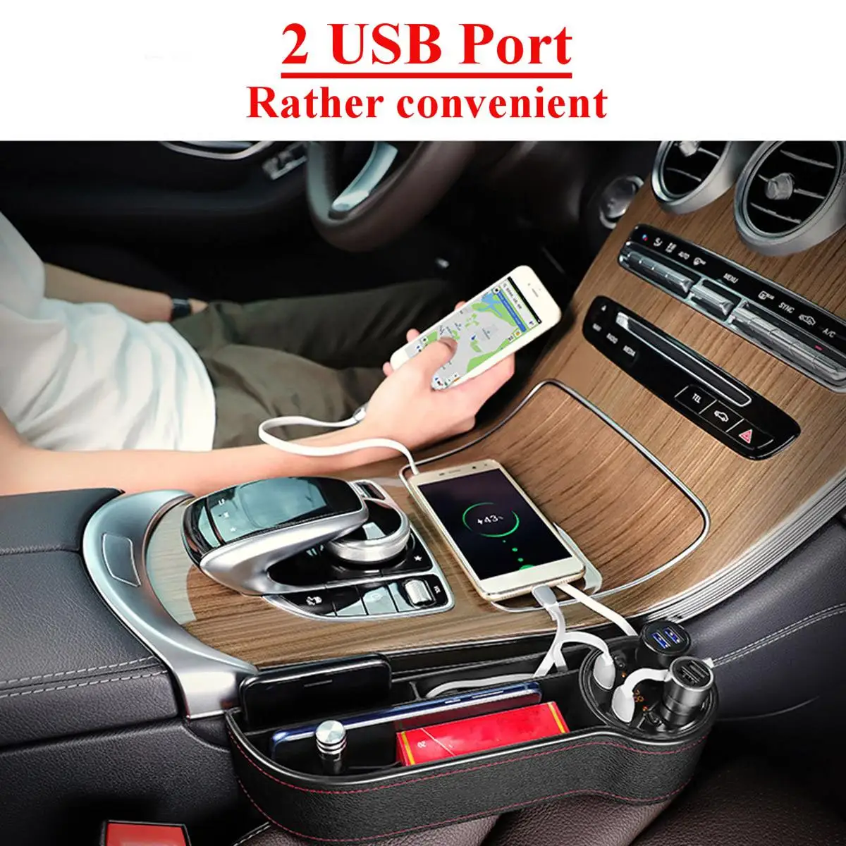 PU Leather Car Seat Gap Storage Box Multi-use Stowing Tidying Voltage Display 2 Cigarette lighter USB