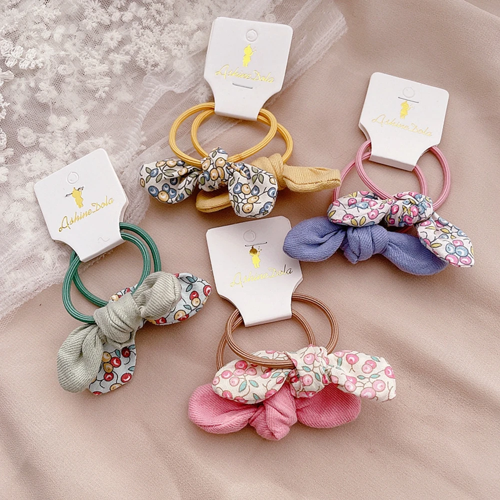 2Pcs Children's Cute Hair Rope Nordic Style Floral Cherry Fabric Rabbit Ears Rubber Band Sweet Girl Ponytail Hair Accessories baby accessories designer