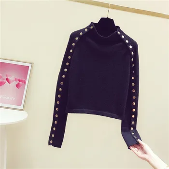 

New Bottom Knitted Shirt Woman 2019 Autumn Winter Heavy Industrial Button Turtleneck Black Sweater Girls Student Slim Sweaters