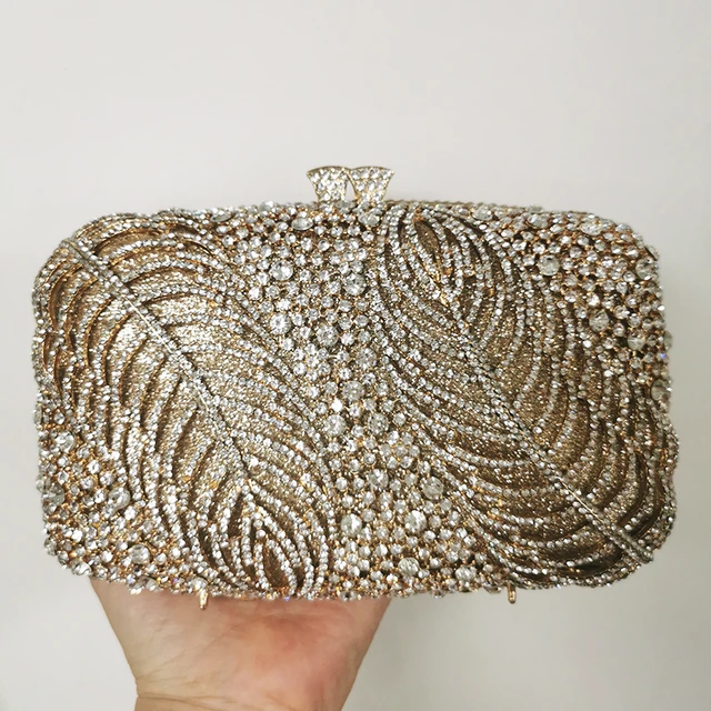 White Rhinestone Purse Crystal Evening Clutch Bag Gold Metal Women