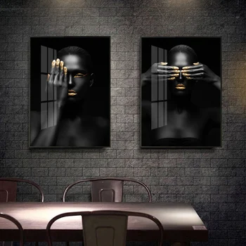 

Gold and Black Modern Makeup Model African Woman Canvas Wall Art Paintings Fashion Girl Poster Prints for Living Room Home Decor