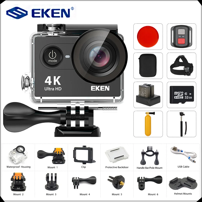 Оригинальная Экшн-камера EKEN H9/H9R, Ультра HD, 4 K/25fps, WiFi, 2,0 дюйма, 170D, водонепроницаемая камера для подводного плавания, камера на шлем, Спортивная камера