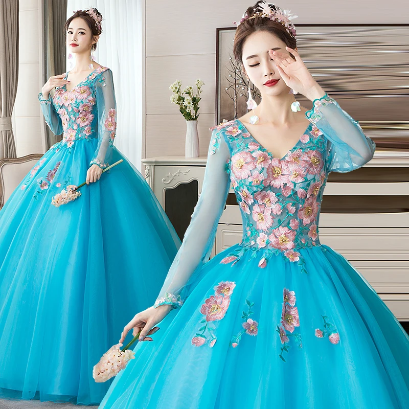 Trajes De Quinceaneras Новое Розовое Пышное Платье с v-образным вырезом и длинным рукавом, кружевное платье с цветочным рисунком размера плюс, кружевное платье на заказ для выпускного вечера