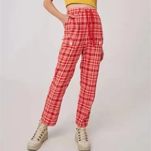 

Women Casual High Waist All-Match Drawstring Straight Pants Retro Red Plaid Suit Pants Autumn New Fashion Tailored Trousers Ins