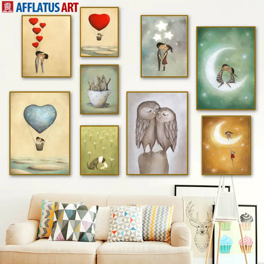 Vintage Owl Cat Moon Girl Boy Love Quotes Nordic Posters And Prints Wall Art Canvas Painting Wall Pictures Kids Room Home Decor Painting Calligraphy Aliexpress