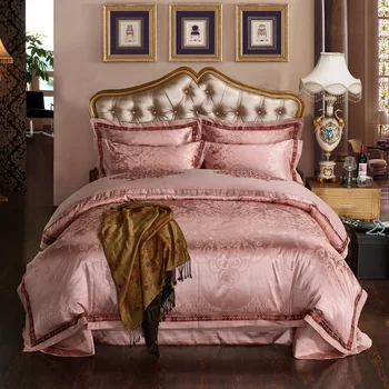 

Papa&Mima Pink Golden European Satin Silk Cotton Linens Jacquard Bedding Set Queen King Size Bedsheet Duvet Cover Pillow Sham