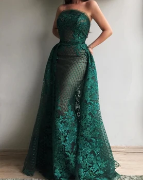 

Green Muslim Evening Dresses 2019 Mermaid Strapless Appliques Lace Beaded Islamic Dubai Saudi Arabia Long Evening Gown Prom