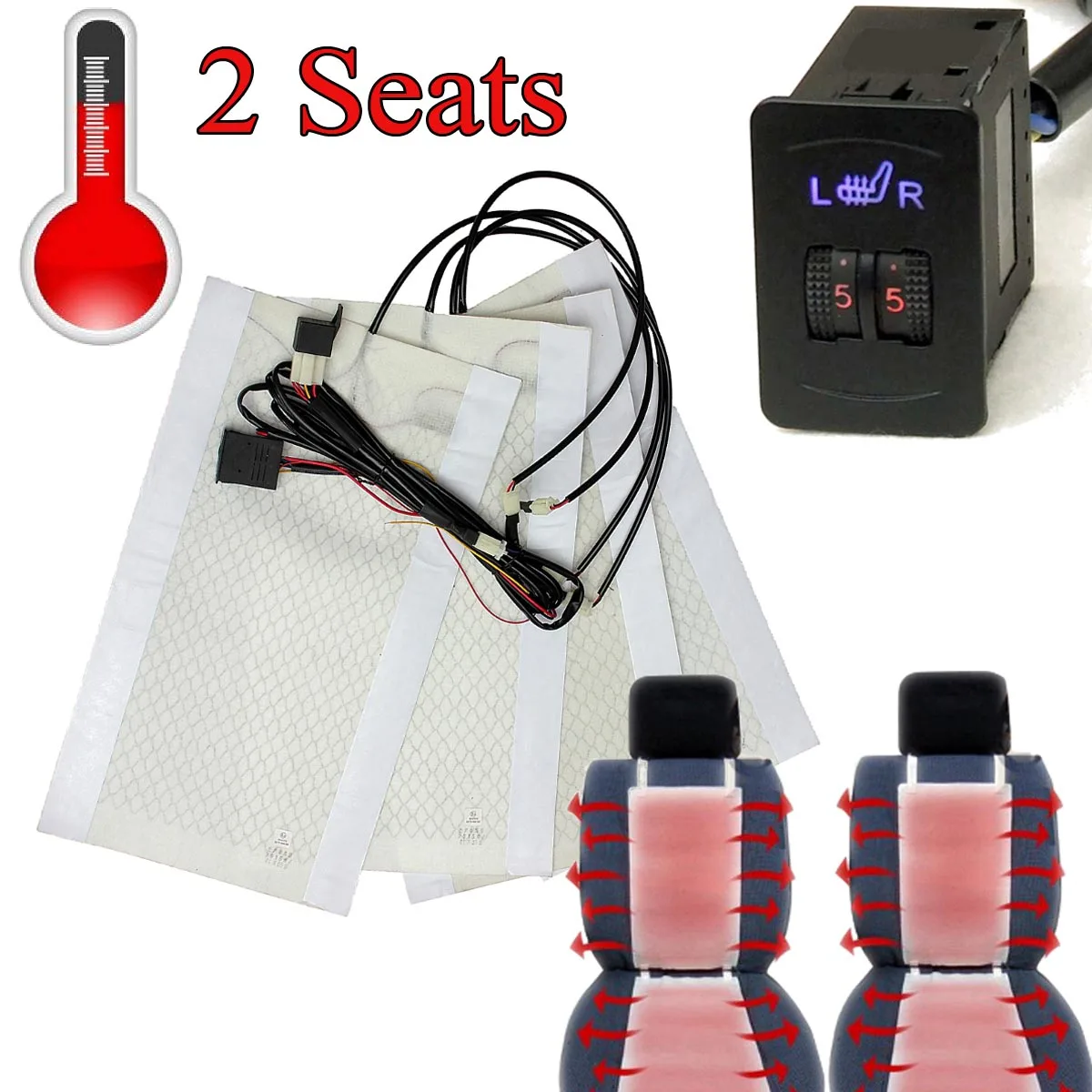 

2 Seats 4 Pads Universal Heated Seat Heater 12V Pads 2 Dial 5 Level Switch Winter Warmer Seat Covers 2/5 level