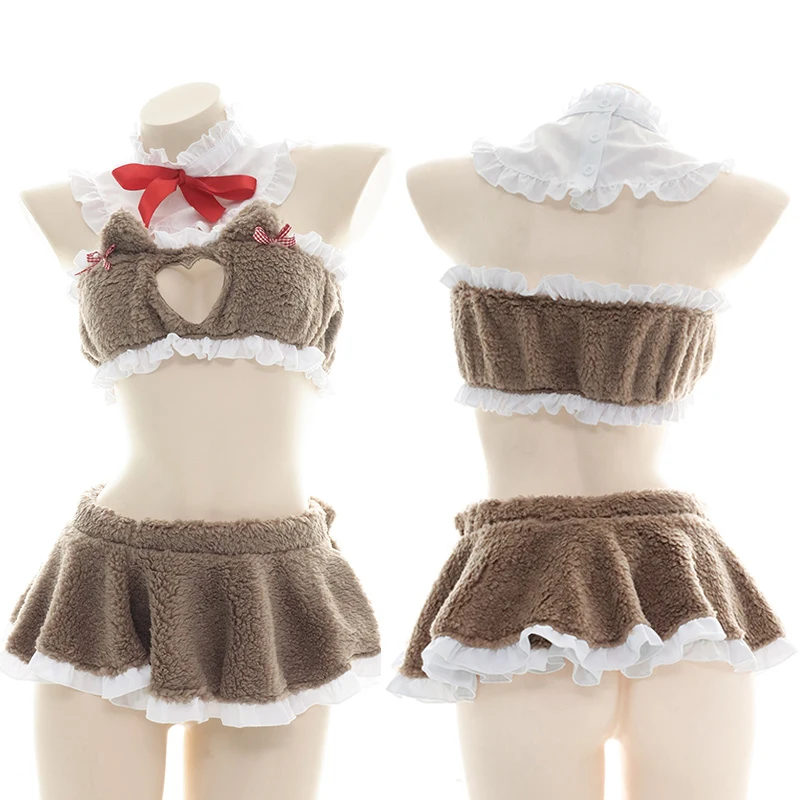 

Cute Pink Open Chest Cat Ear Plush Pajamas Suit Sexy Lolita Cosplay Private Autumn Winter Maid Uniform Tube Tops Short Skirt