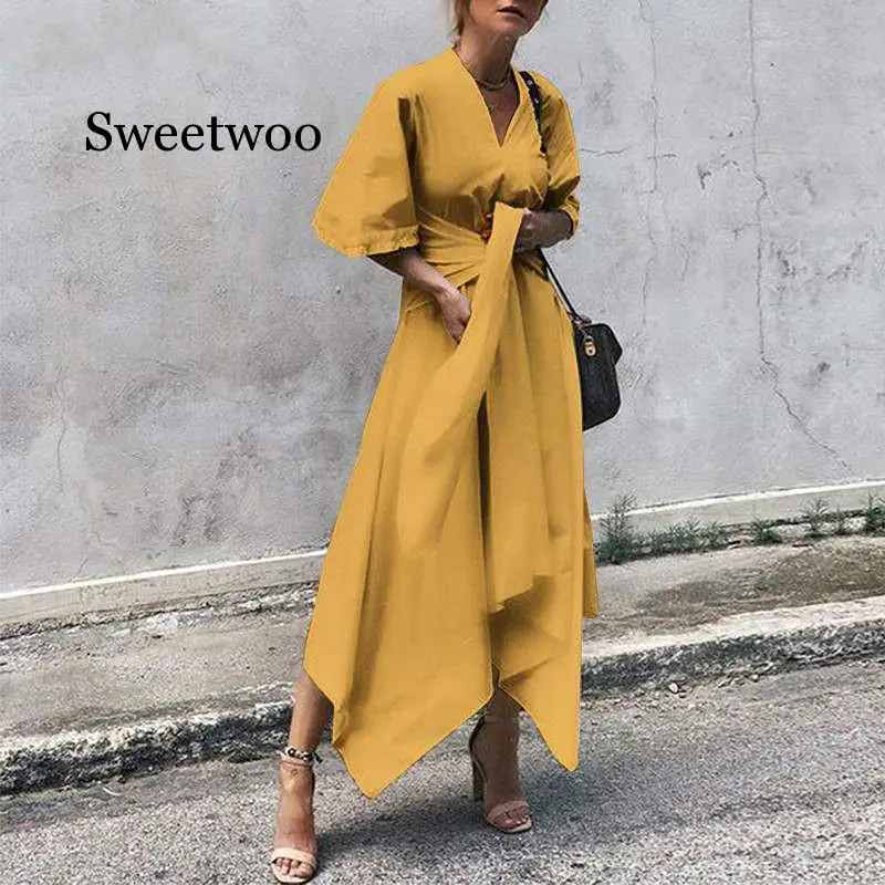 

Summer Dress 2020 Women Vintage Sexy V Neck Asymmetrical High Waist Long Maxi Dress OL Sundress Party Vestido