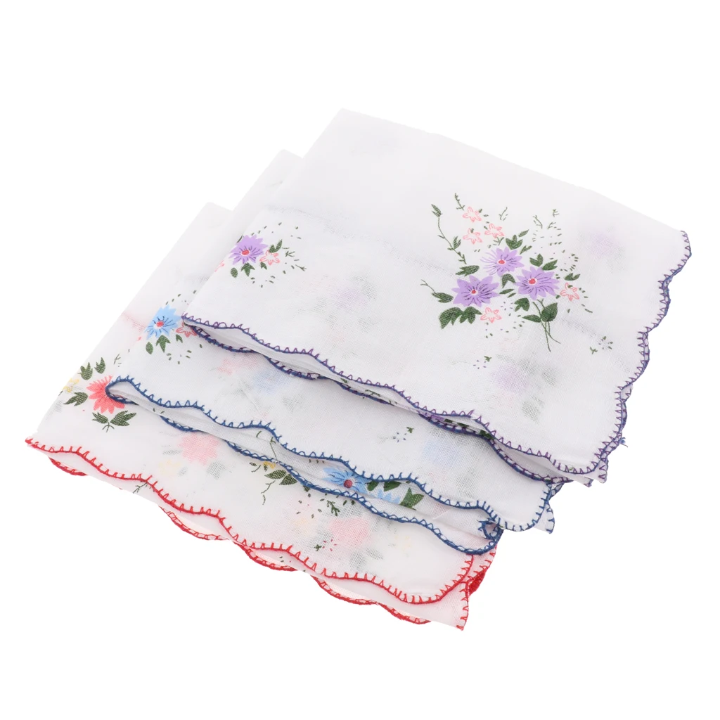 3 Pack Flower Embroidered Handkerchief Women 100% Cotton Square Pocket Hanky Girls Cute Wavy Edge Kerchiefs Hankie