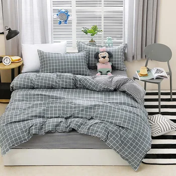 

Thumbedding Grid Bedding Set King Size Simple Classic Light Green Duvet Cover Queen Full Twin Single Comfortable Bed Set