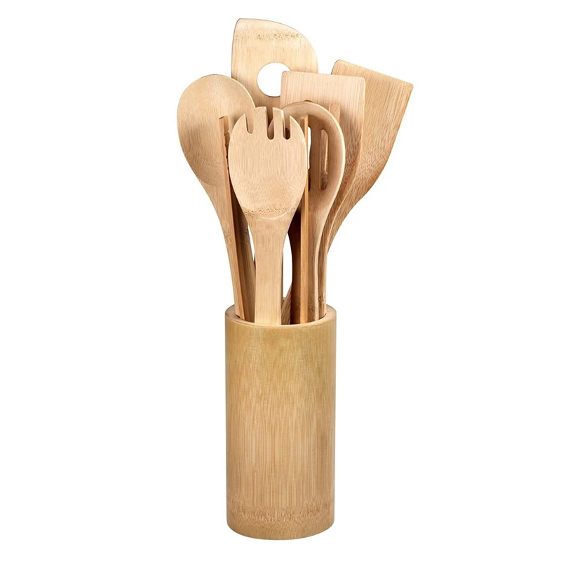 SHGO HOT-Wooden Cooking Utensils Set - 7Pcs Wood Kitchen Utensil Wooden Spoons for &amp Spatulas Nonstick Cookwar | Дом и сад