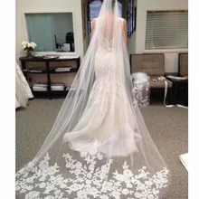 Длинная фата для невесты, дешевые свадебные аксессуары для волос, длина часовни, аппликация, тюль, свадебная фата