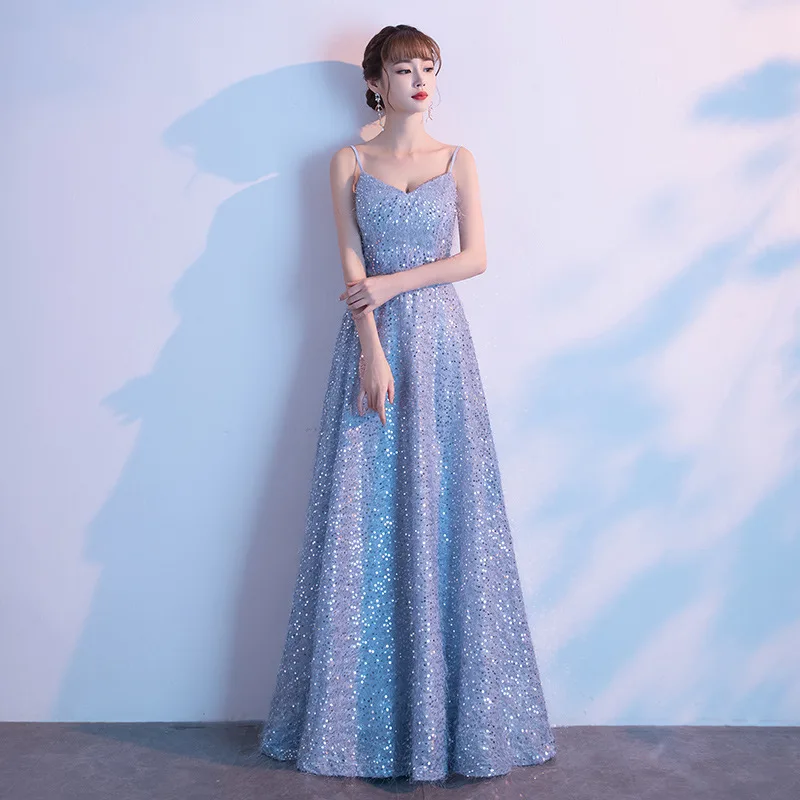 Robe De Soiree Новые Сексуальные вечерние платья с v-образным вырезом на бретельках с блестками Длинные свадебные вечерние платья ES3092