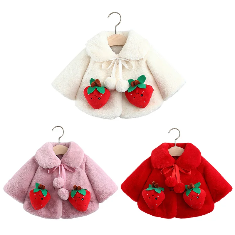 

Girls' Autumn and Winter Thick Wool Sweater Baby Strawberry Cloak Jacket Children's Outing Clothes