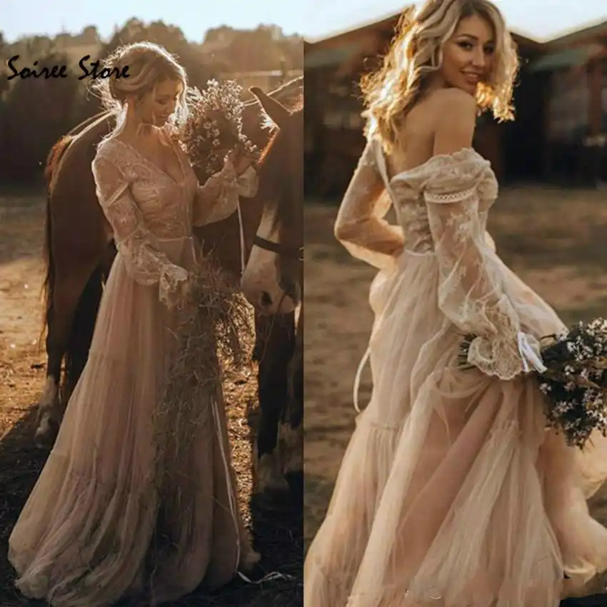 champagne boho wedding dress