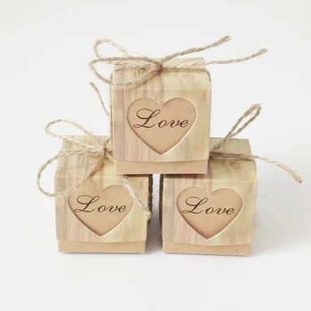 

50pcs European Style Vintage Candy Box Wooden Grain Love Heart-Shaped+Hemp Rope 50*Candy Box 50*Hemp Rope For Home Diy Tools