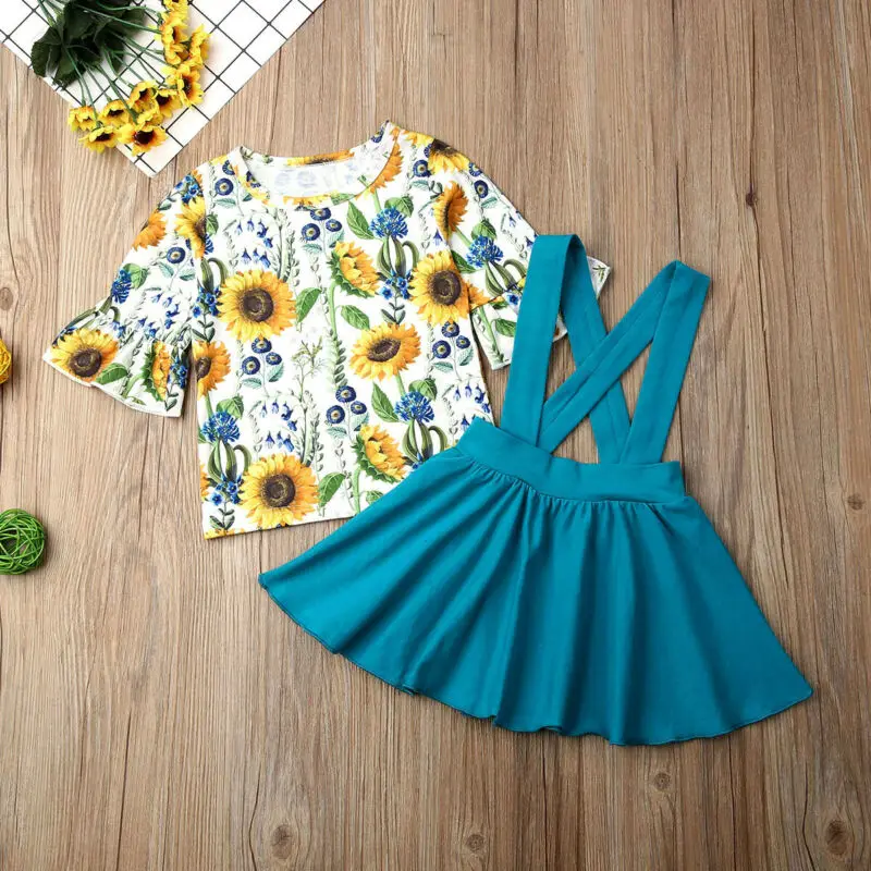 

Toddlers Baby Girls Kids Butterfly Long Sleeve Sunflower Tops Suspender Skirt Outfits Set Clothes