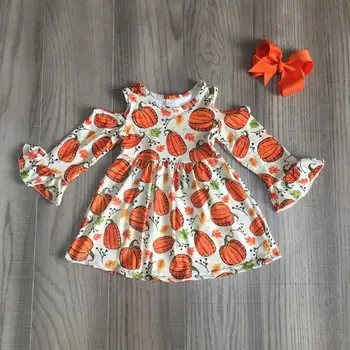 

baby girls clothes Halloween dress children girls pumpkin dress long sleeve Off-the-shoulder dress with bow