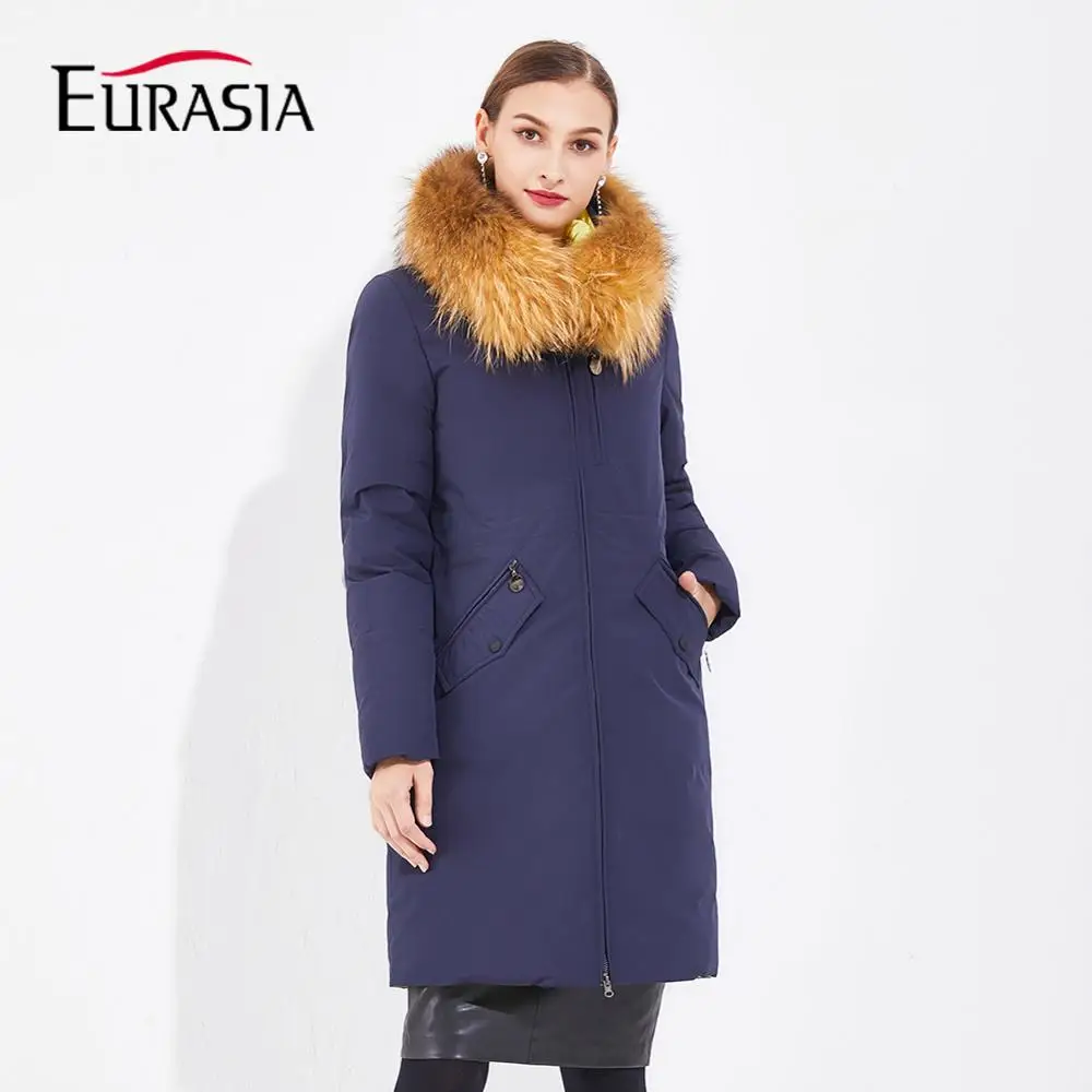 EURASIA Новая высококачественная женская зимняя куртка длинная одежда пальто с капюшоном из натурального меха енота толстые парки красный YD1888