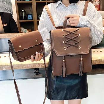 

2 PCS/Set Pu Leather Women Backpacks College Student School Backpack Large Capacity Travel Backpack Vintage Shoulder Bag