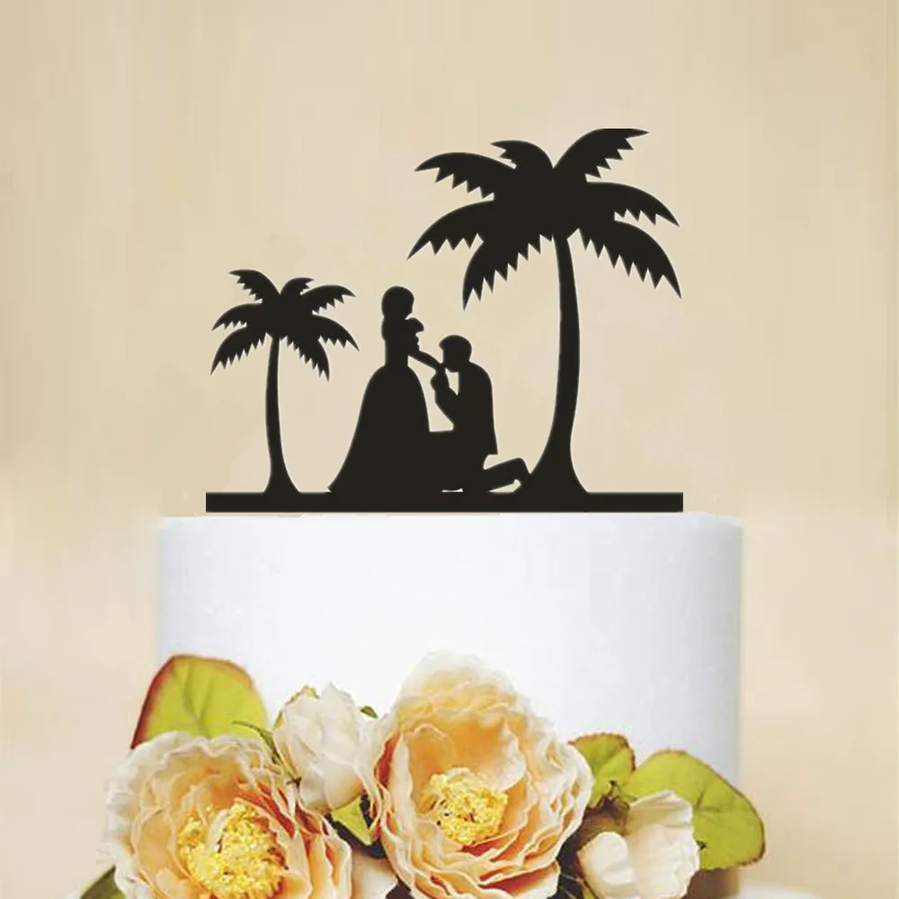 

New Bride Groom Engagement Cake Topper Romantic Coconut Tree Proposal Cake Topper Acrylic Wooden Couples Wedding Gifts Supplies