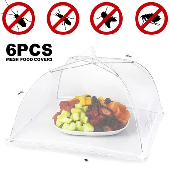 

16Inch 6pcs Food Cover Mesh Folding Removable Washable Flies Table Cover White Square Dish Cover Umbrella Screen Tent Set