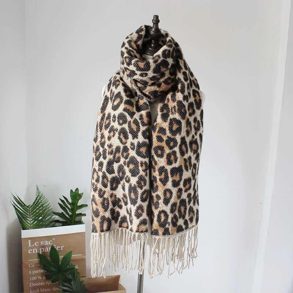Bohisen winter accessories Woman's Fashion Leopard Print knitting Scarf Soft Warm Large Size with Tassel Ornaments Scarf Shawl