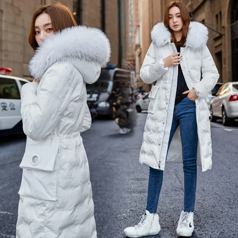 

Solid Color Hooded Zipper 2018 Winter Long Sleeve Mid-length Pocket Embroidered Band Fur Collar Corset Explicit Thin