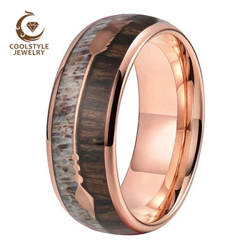 

Rose Gold Wedding Ring Tungsten Dear Antler Ring For Men Women With Zebra Wood Antler Arrows Inlay 8MM Comfort Fit