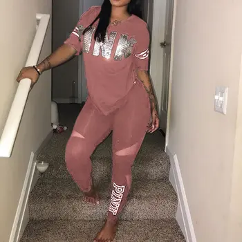 

Women Casual 2 Piece Set S-Xxxl Pink Letter Print Sexy Sweatsuit Plus Size Tops+Skinny Pants Sweat Suits Two Piece Tracksuit