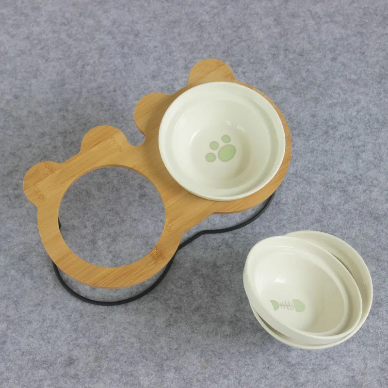 Online Nuevo cuenco de alta gama para mascotas, estante de bambú, cuencos de cerámica para alimentar y beber para perros y gatos, accesorios para comedero de mascotas