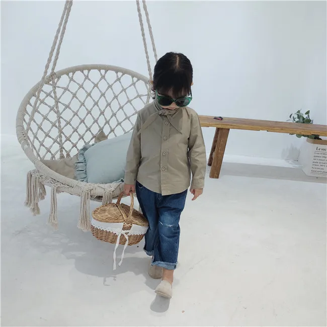 Xdp2019 Осенняя новая стильная детская одежда в Корейском стиле; хлопковая рубашка с длинными рукавами и галстуком для девочек