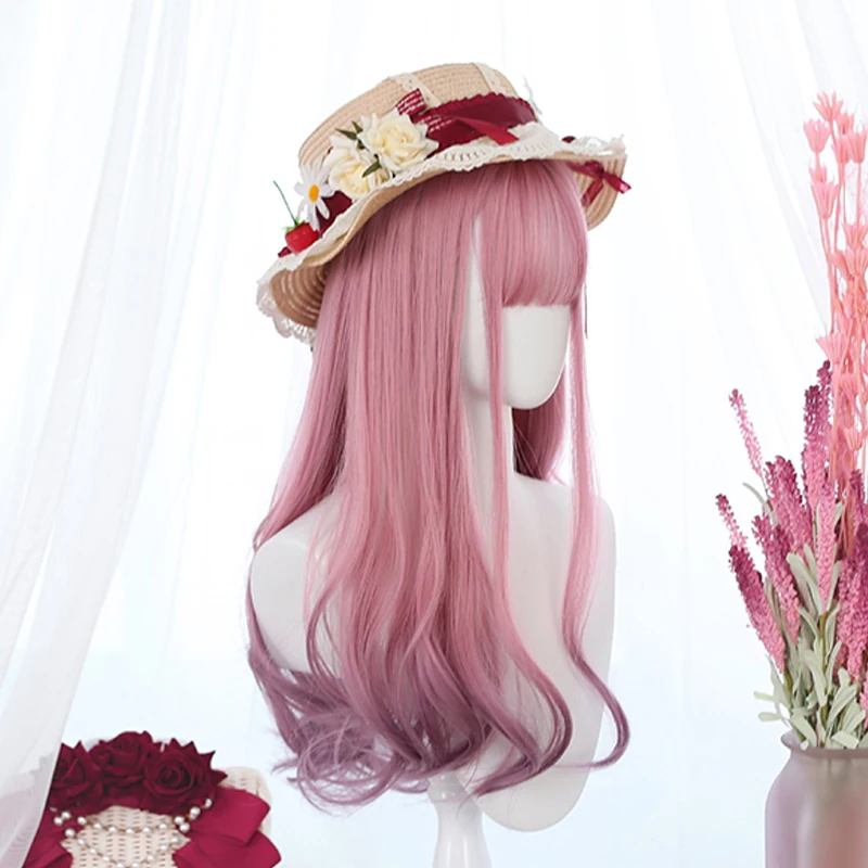 Long Wave Wig Ombre Pink Purple Cosplay Wigs Heat Resistant Synthetic Hair Tail Natural Lolita for Women |