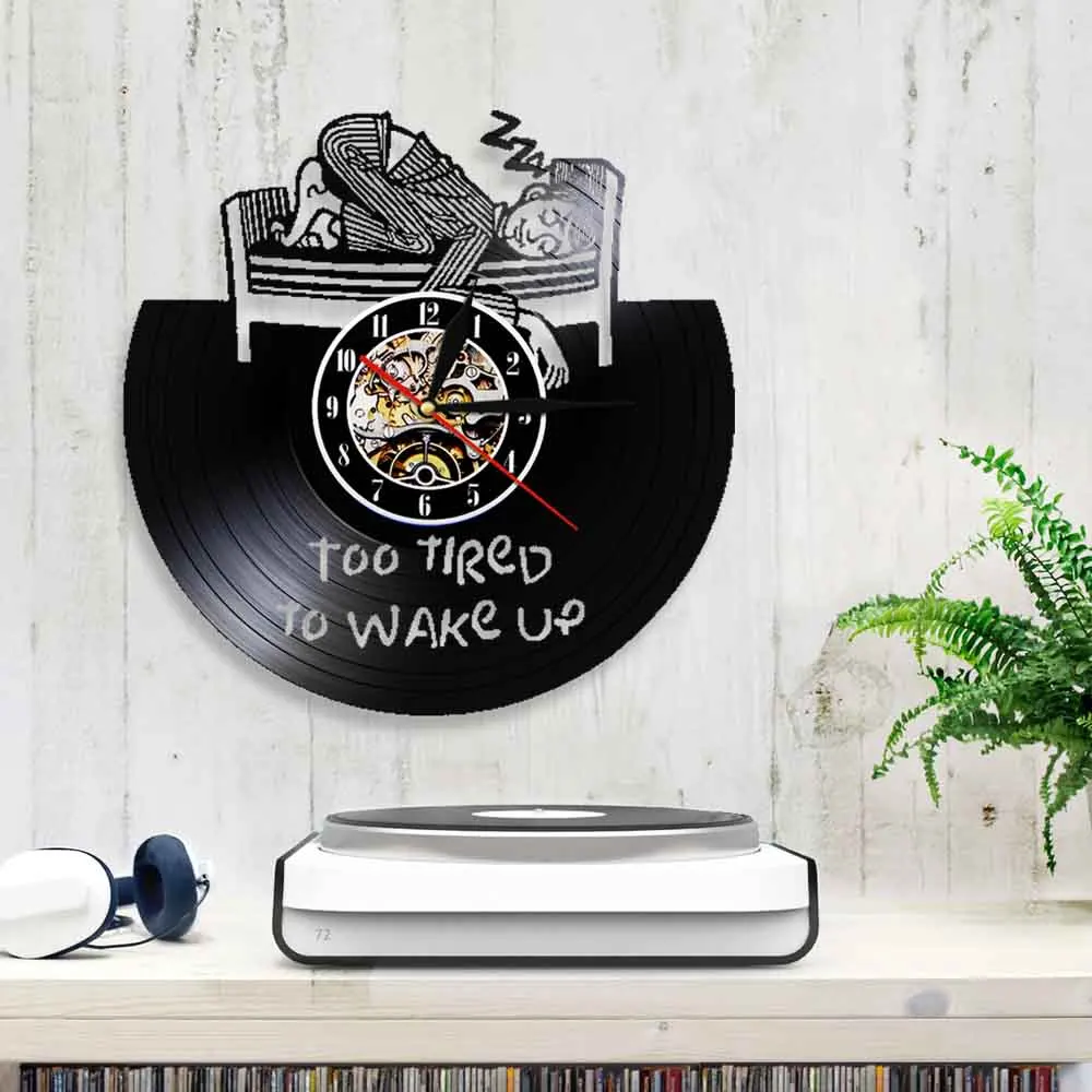 Too Tired To Wake Up Motivational Quote Wall Clock Wake Up Vinyl Record Wall Clock Tireness Expression Personalised Clock Decor